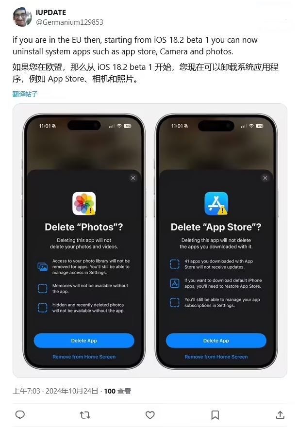 通城苹果手机维修分享iOS 18.2 支持删除 App Store 应用商店 