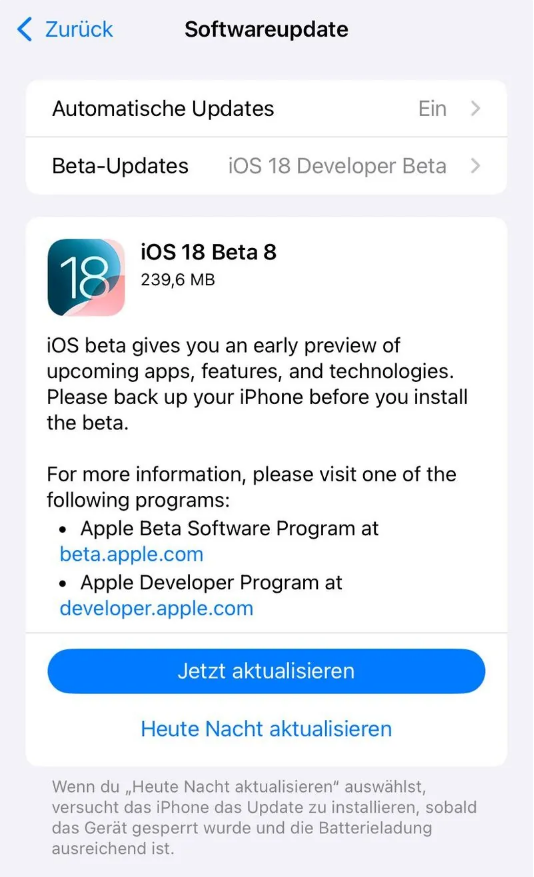 通城苹果手机维修分享苹果 iOS / iPadOS 18 开发者预览版 Beta 8 发布 